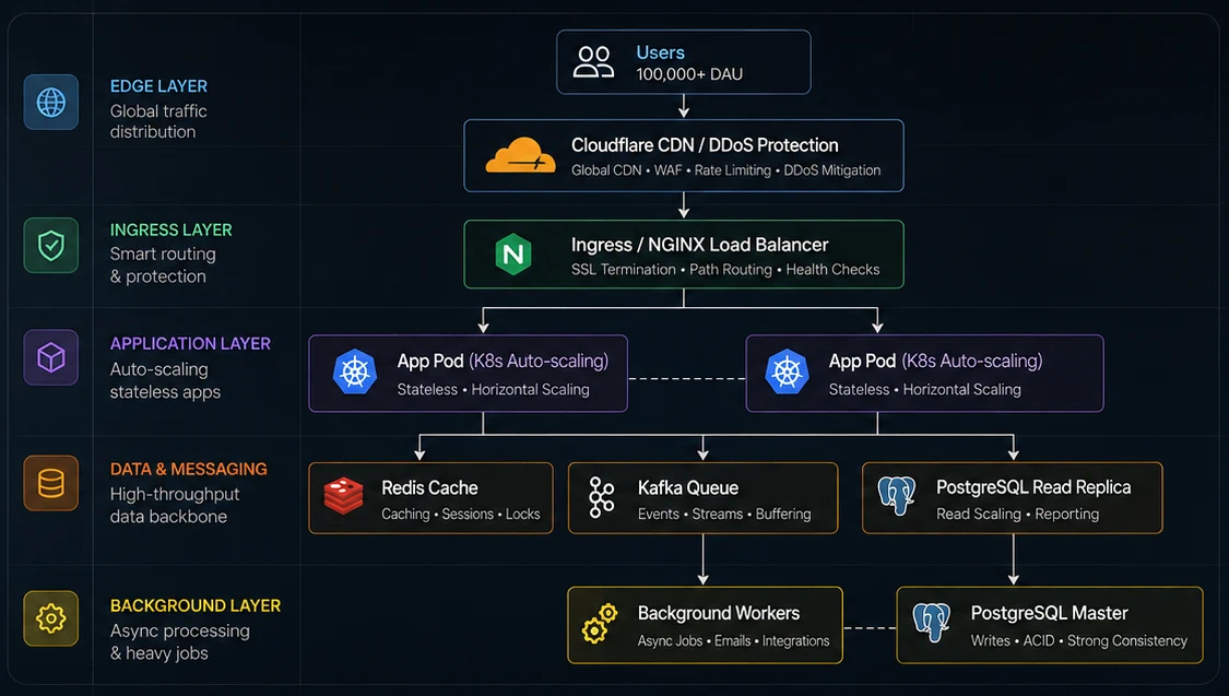 High-load architecture diagram for 100,000+ DAU