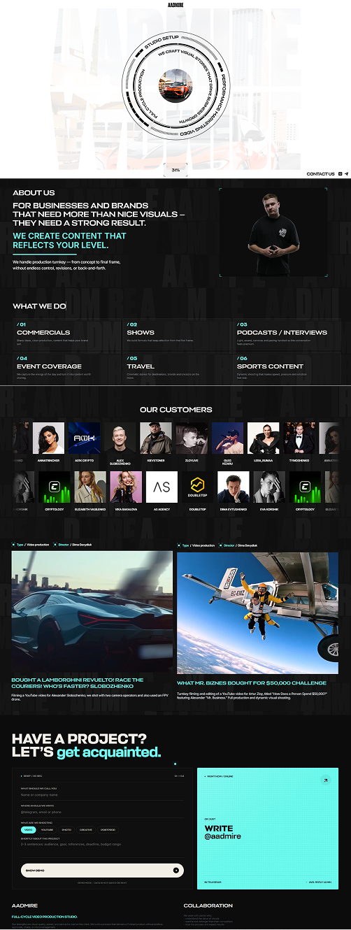 Full page of Aadmire production studio portfolio
