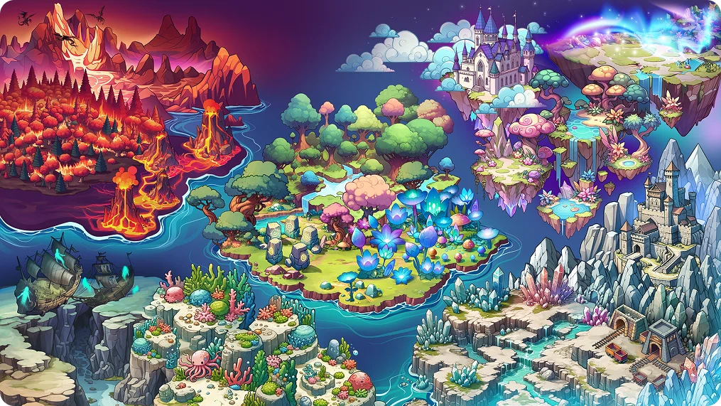 Map of fairy-tale fantasy biomes with volcanoes, forests, and icy lands