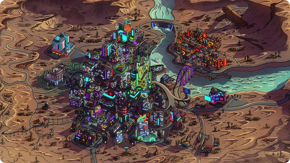 Map of a cyberpunk metropolis in the middle of a desert