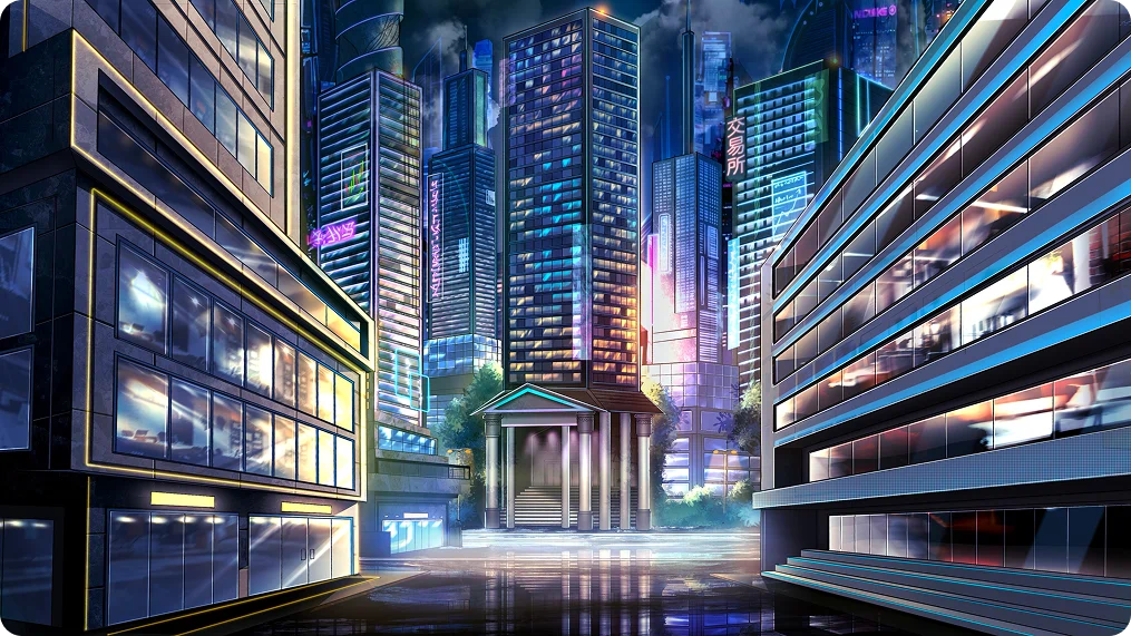 Futuristic cityscape with neon skyscrapers