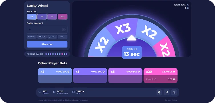 Betting interface in the Lucky Wheel game