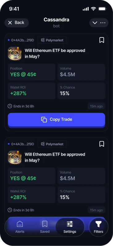 Feed of Cassandra trading signals with Copy Trade action