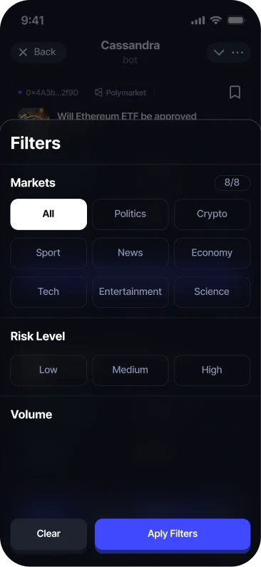 Cassandra filters by markets, risk and volume