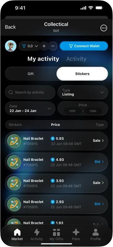 Collectical marketplace activity history and filters
