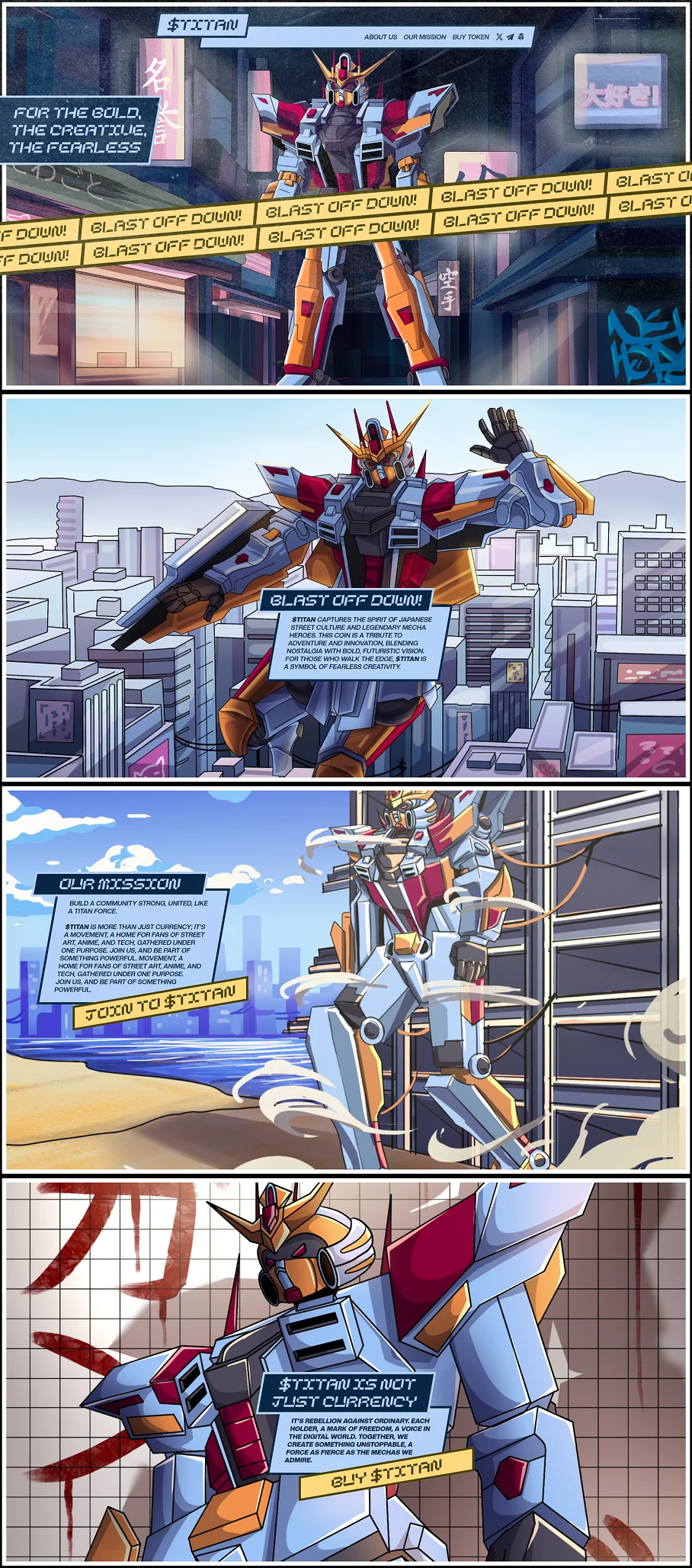 $TITAN promotional website with a mecha mascot and narrative comic panels