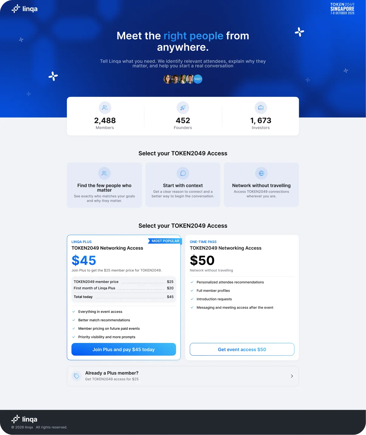 Desktop version of Linqa landing page for TOKEN2049