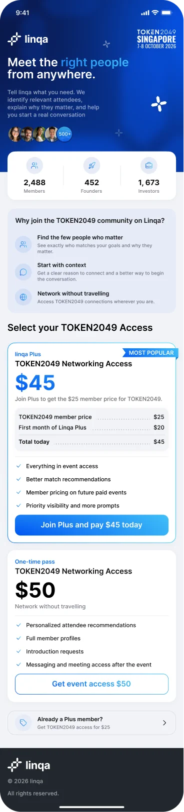 Mobile version of Linqa landing page for TOKEN2049
