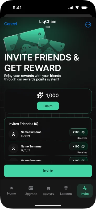 Invite Friends referral hub of the LiqChain application