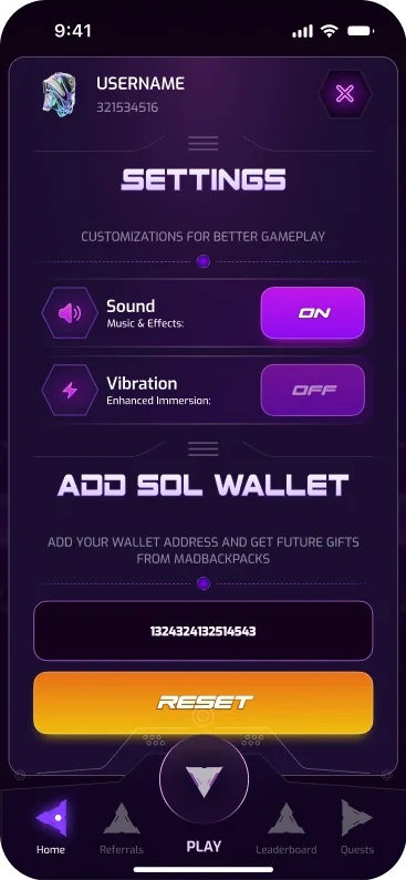 Madbackpacks settings and SOL wallet connection