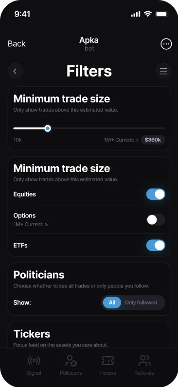 News Signals App filters by trade volume, assets, policies and tickers