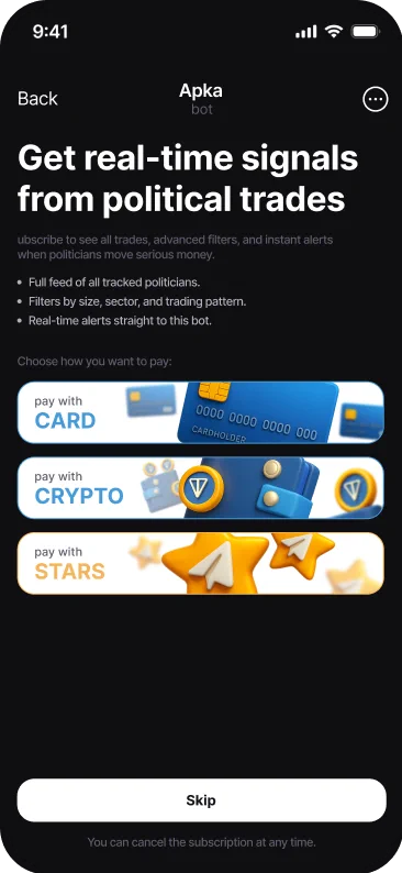 News Signals App subscription screen with payment by card, cryptocurrency or Stars