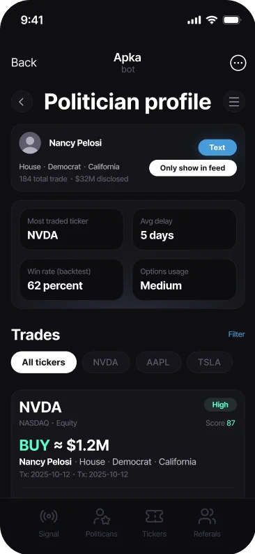 Nancy Pelosi's profile on the News Signals App