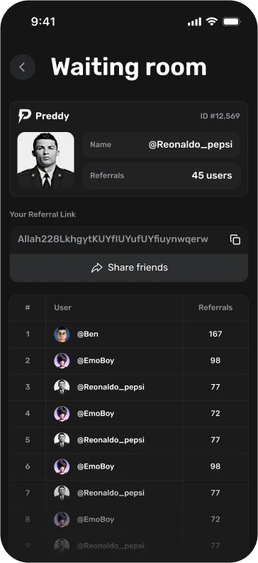 Personal account and referral leaderboard Preddy