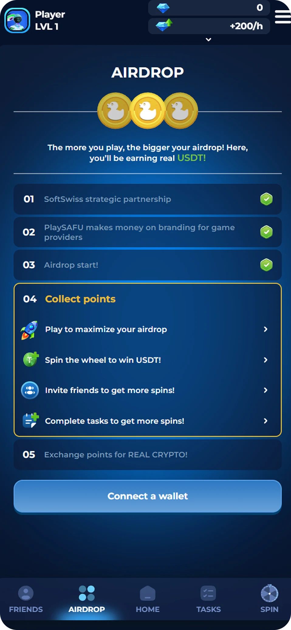 Airdrop campaign and Web3 wallet connection in Sneg Bet