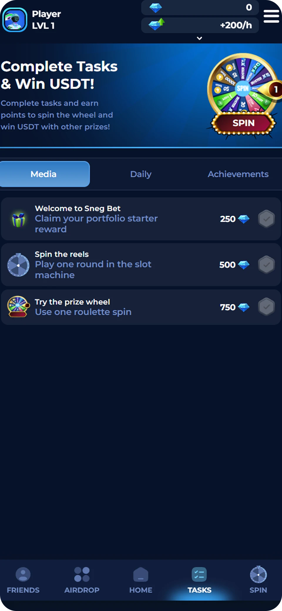 Sneg Bet game task tracker
