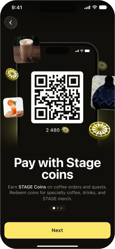 Onboarding and payment of STAGE Coins in the STAGE App
