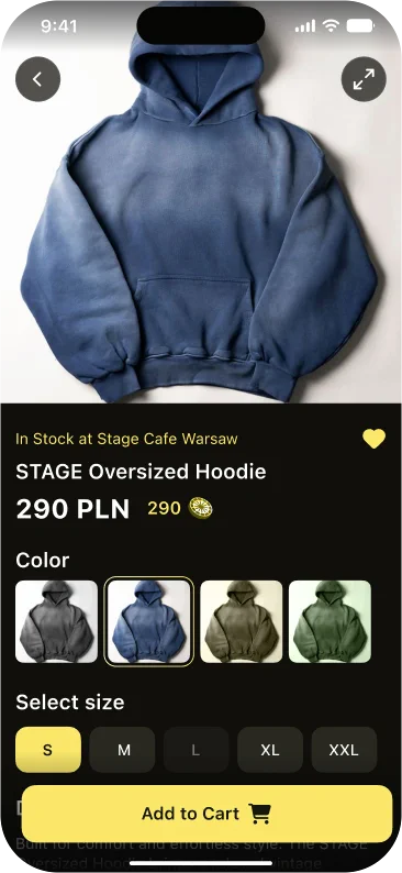 Product card in the STAGE App merch store