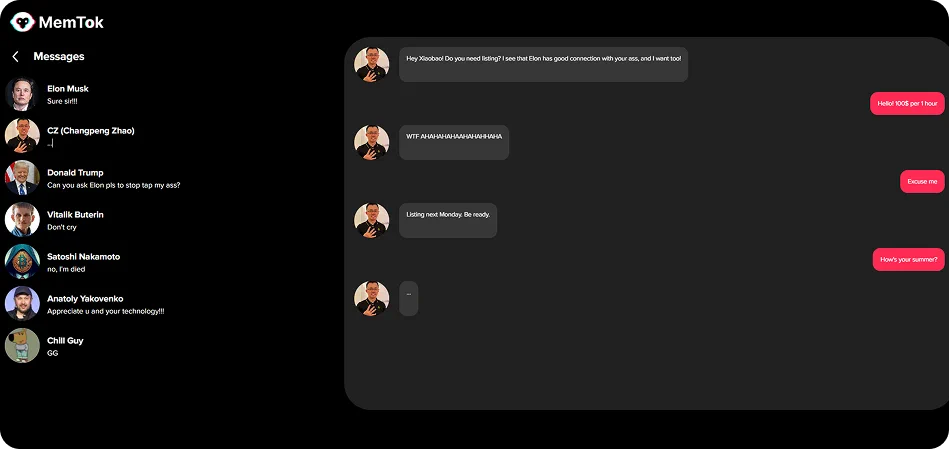 MemTok parody chat with crypto-persons