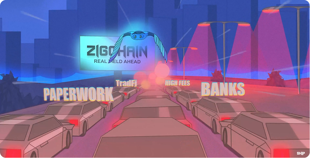 Интро-сцена с противопоставлением TradFi и ZIGChain